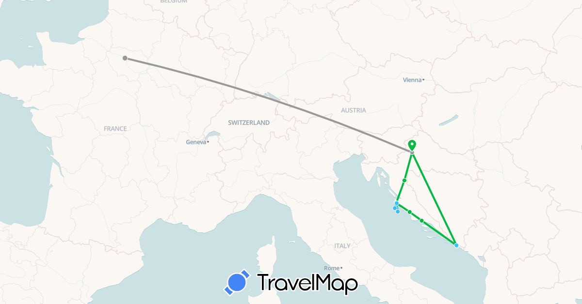 TravelMap itinerary: bus, plane, boat in France, Croatia (Europe)